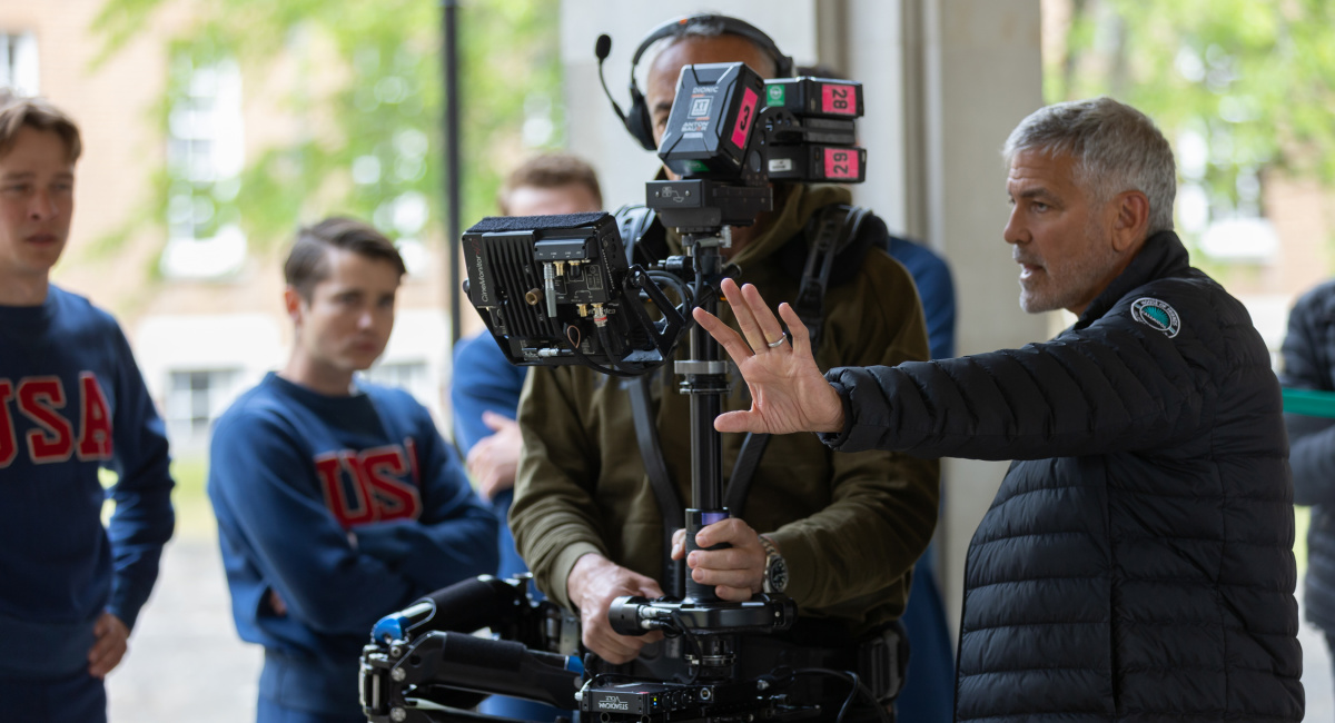 Director George Clooney on the set of his film 'The Boys in the Boat,' an Amazon MGM Studios film. 