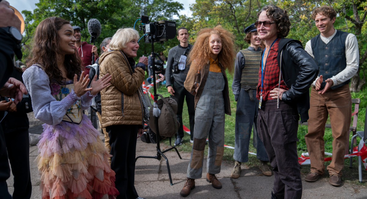 Rachel Zegler as Lucy Gray Baird, Luna Steeples as Dill, Cooper Dillon as Mizzen, Producer Nina Jacobson and Lucas Wilson as Panlo in 'The Hunger Games: The Ballad of Songbirds and Snakes.'