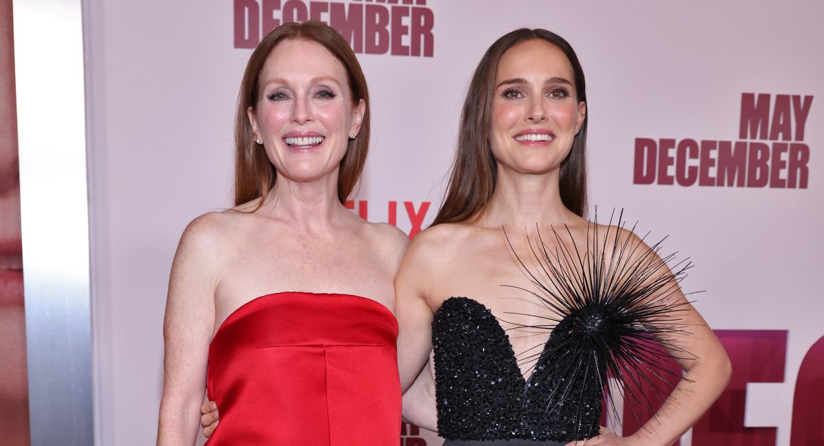 Julianne Moore and Natalie Portman attend Netflix's 'May December' Los Angeles premiere at Academy Museum of Motion Pictures on November 16, 2023 in Los Angeles, California.