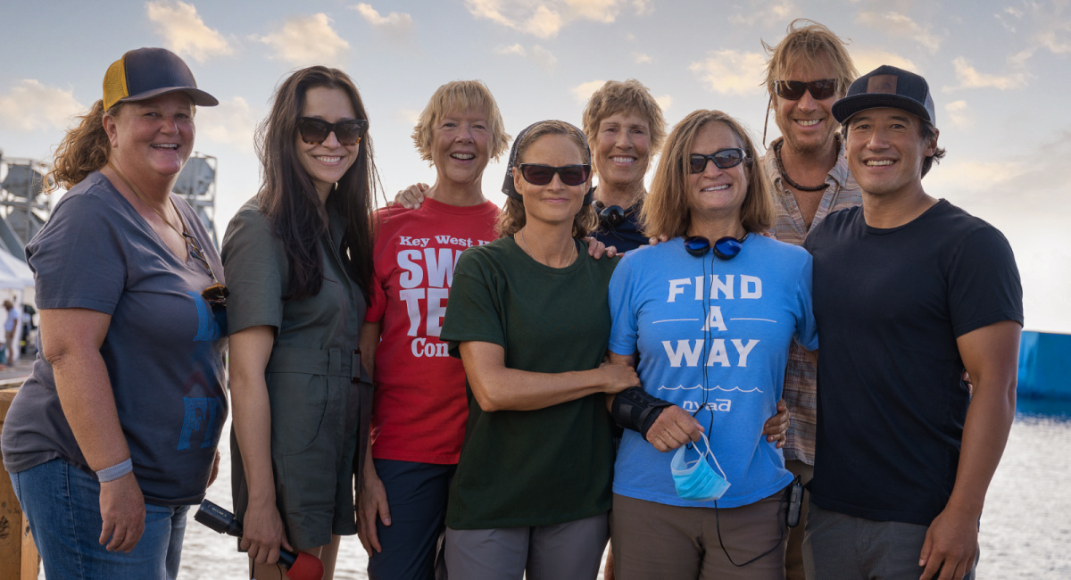 Karly Rothenberg as Dee, director Elizabeth Chai Vasarhelyi, Annette Bening as Diana Nyad, Jodie Foster as Bonnie Stoll, Diana Nyad, Bonnie Stoll, Rhys Ifans as John Bartlett and director Jimmy Chin on the set of 'Nyad.'