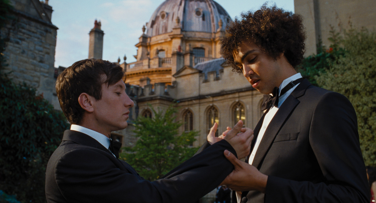 Barry Keoghan as Oliver Quick and Archie Madekwe as Farleigh in 'Saltburn.'