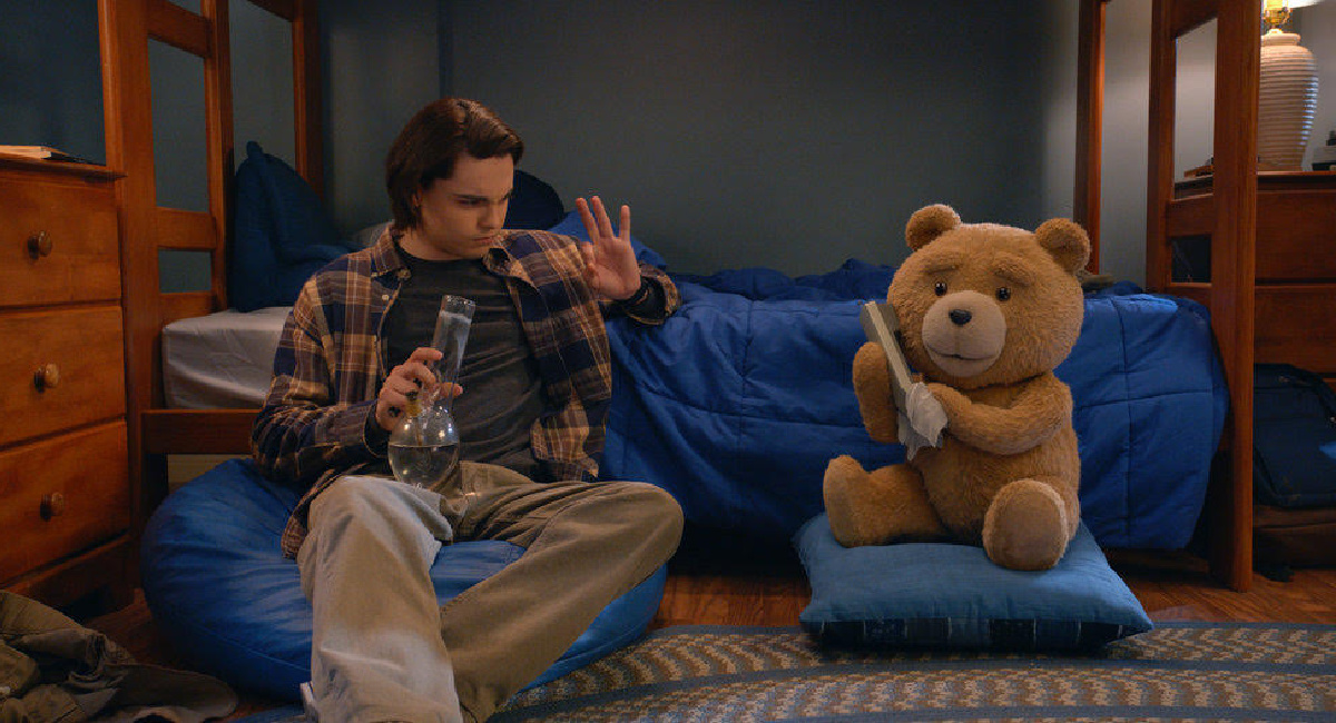 Max Burkholder as John and Seth MacFarlane as the voice of Ted in 'Ted.'