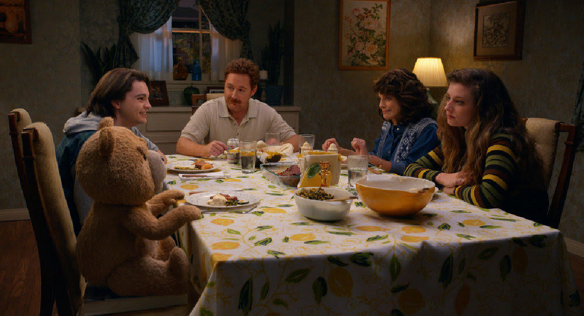 Seth MacFarlane as the voice of Ted, Max Burkholder as John, Scott Grimes as Matty, Alanna Ubach as Susan, and Giorgia Whigham as Blaire in 'Ted.'