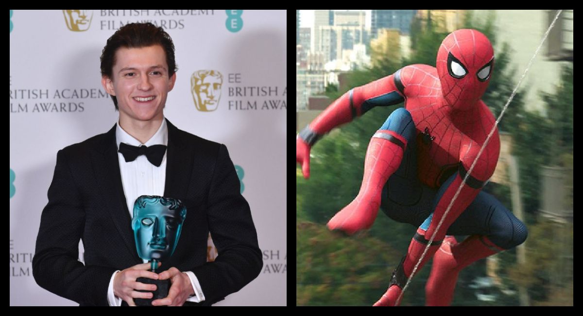 (Left) Tom Holland excepting the EE Rising Star award at the 2017 BAFTA Film Awards. (Right) Tom Holland in 'Spider-Man: Homecoming.'