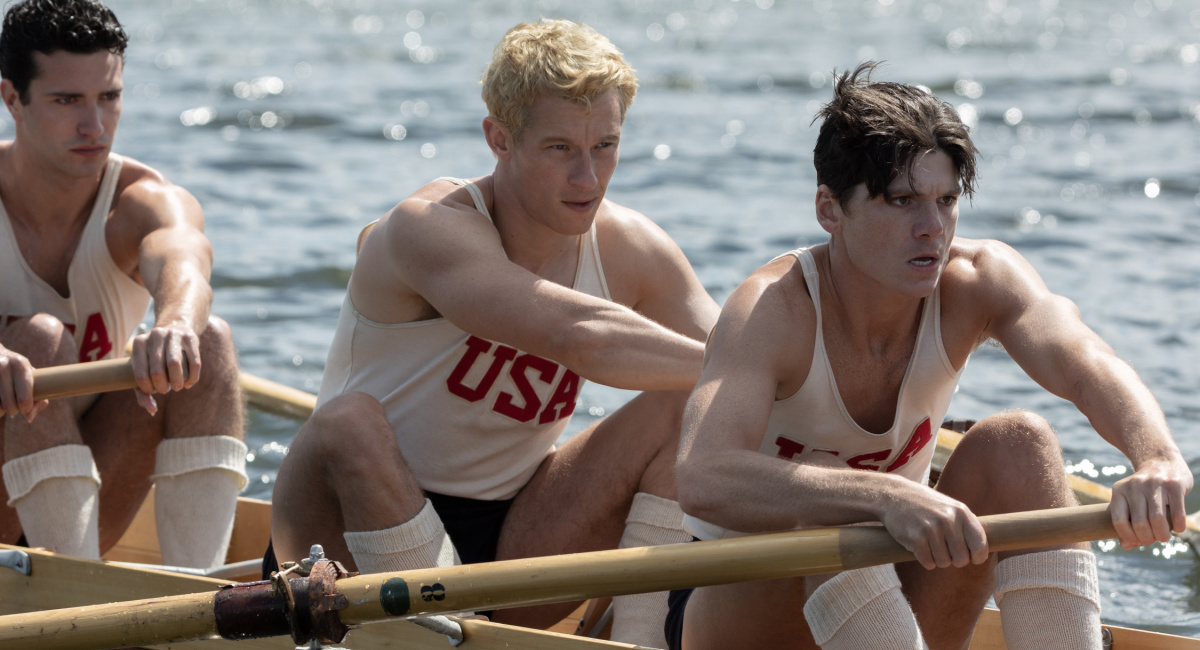 Bruce Herbelin-Earle stars as Shorty Hunt, Callum Turner as Joe Rantz and Jack Mulhern as Don Hume in director George Clooney’s 'The Boys in the Boat,' an Amazon MGM Studios film.