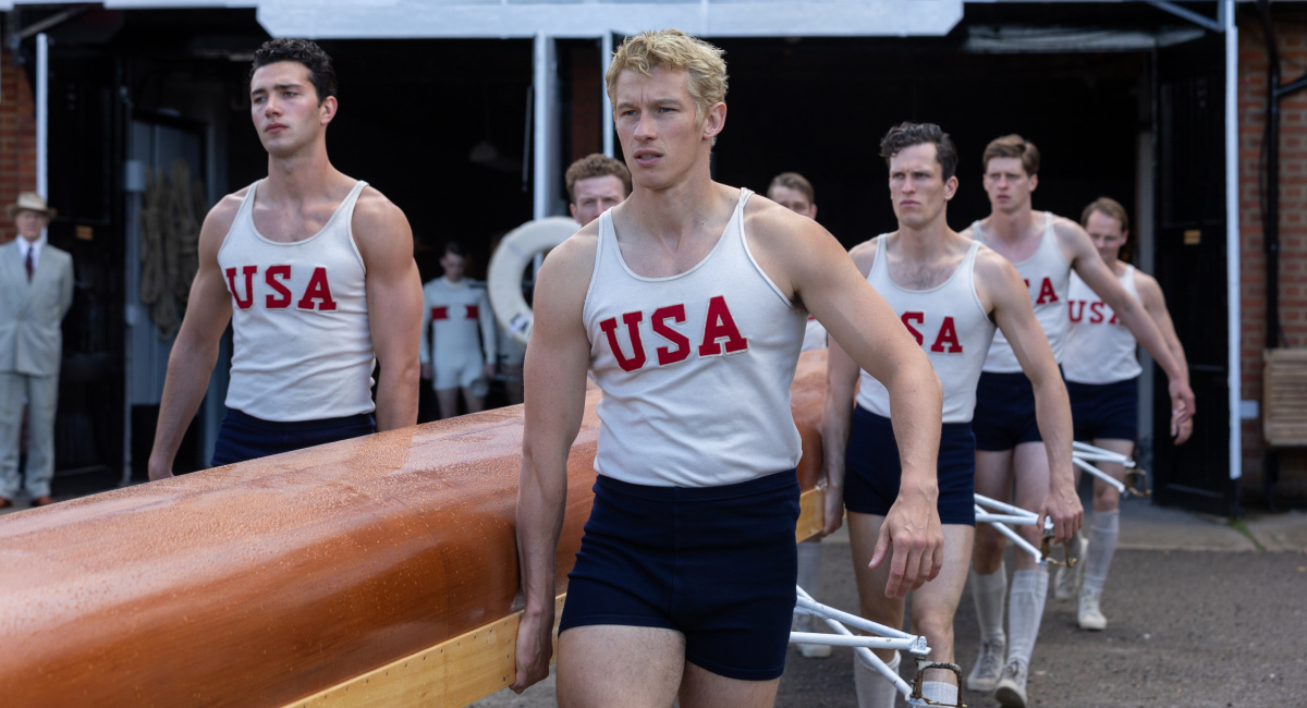 Bruce Herbelin-Earle stars as Shorty Hunt, Callum Turner as Joe Rantz, and Wil Coban as Jim McMillan in director George Clooney’s 'The Boys in the Boat,' an Amazon MGM Studios film.