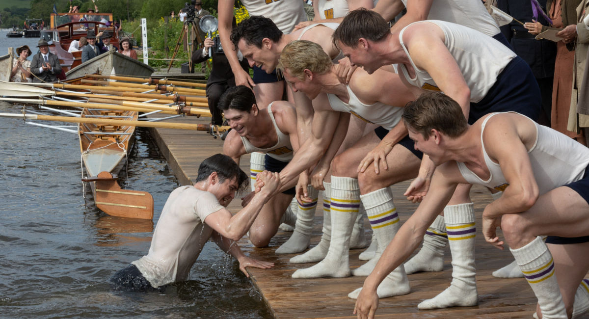 Luke Slattery stars as Bobby Moch, Jack Mulhern as Don Hume, Wil Coban as Jim McMillin, Tom Varey as Johnny White, Callum Turner as Joe Rantz, Sam Strike as Roger Morris and Thomas Elms as Chuck Day in director George Clooney’s 'The Boys in the Boat,' an Amazon MGM Studios film.