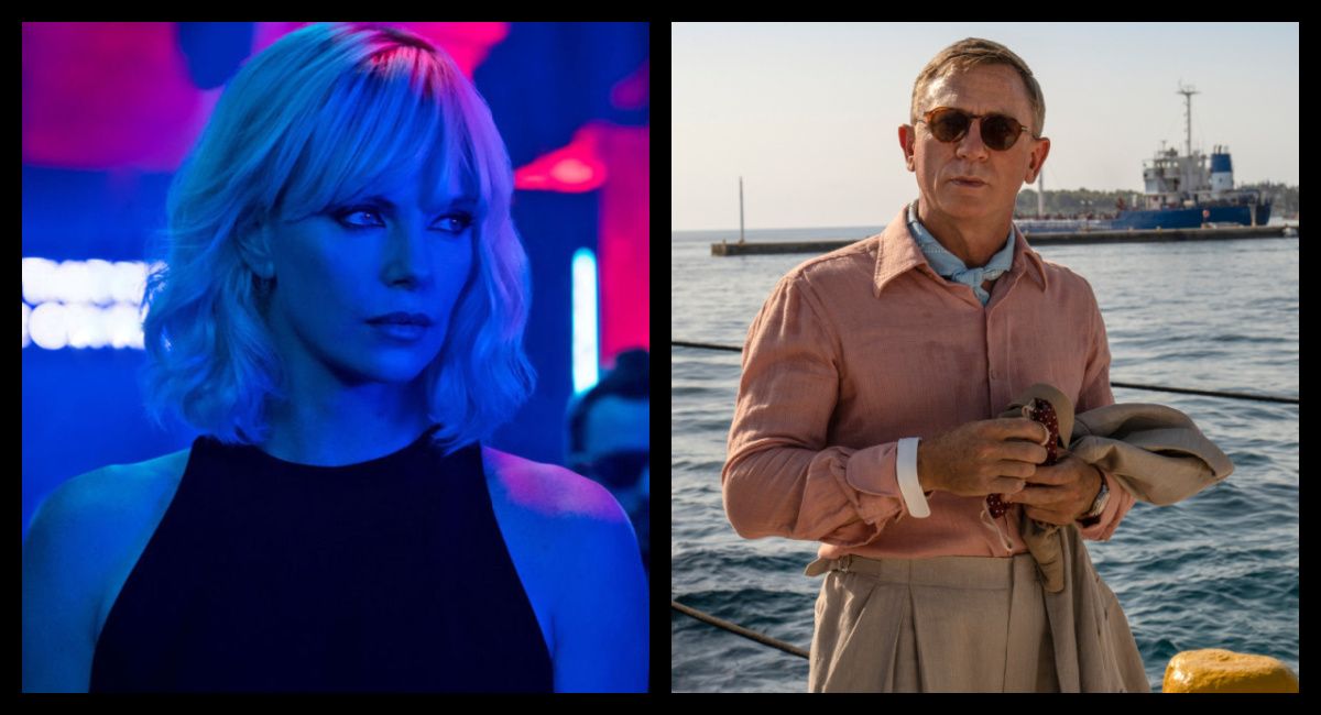 (Left) Charlize Theron in 2017's 'Atomic Blonde.' (Right) Daniel Craig as Detective Benoit Blanc on the set of 'Glass Onion: A Knives Out Mystery.' Photo: Courtesy of John Wilson/Netflix © 2022.