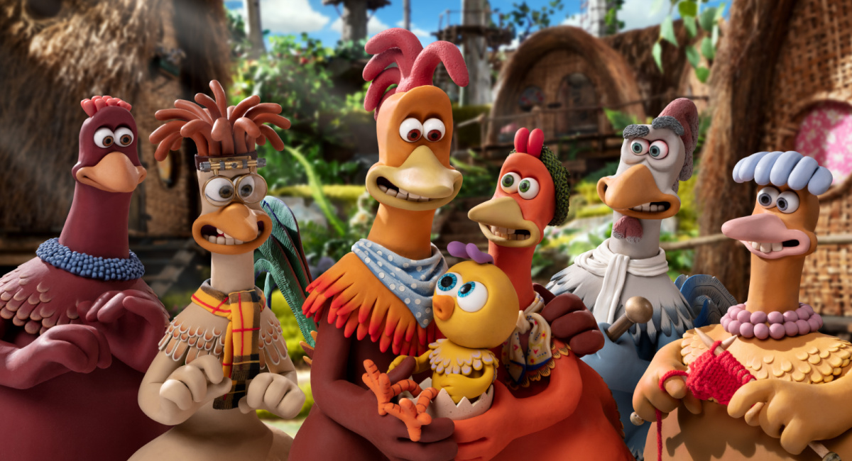 Bunty (Imelda Staunton), Mac (Lynn Ferguson), Rocky (Zachary Levi), Molly (Bella Ramsey), Ginger (Thandiwe Newton), Fowler (David Bradley), and Babs (Jane Horrocks) in 'Chicken Run: Dawn of the Nugget.'