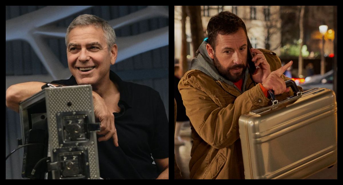 (Left) George Clooney on the set of Netflix's 'The Midnight Sky.' (Right) Adam Sandler as Nick Spitz in 'Murder Mystery 2.' Photo: Scott Yamano/Netflix © 2022.