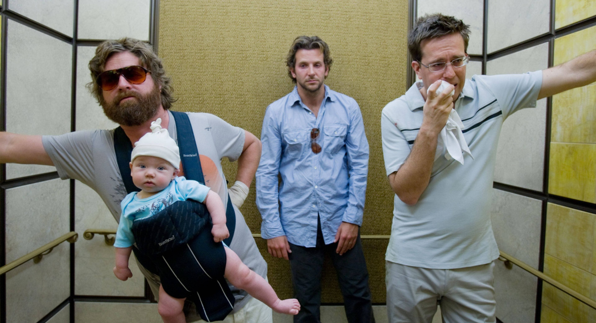 Zach Galifianakis as Alan, Bradley Cooper as Phil, and Ed Helms as Stu in 'The Hangover.'