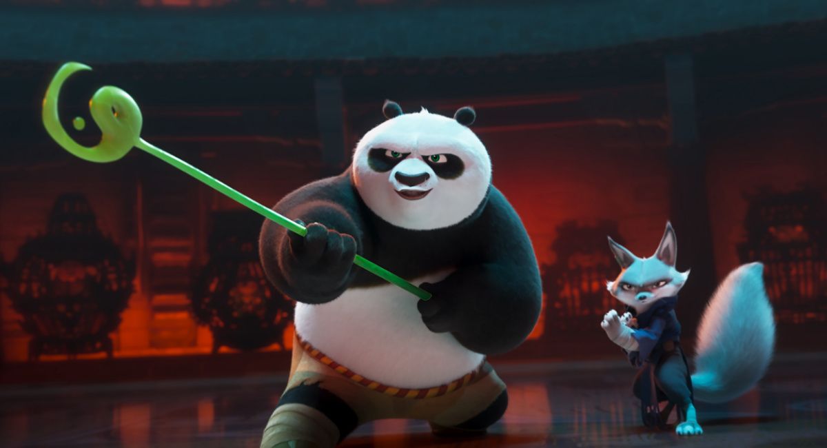 (from left) Po (Jack Black) and Zhen (Awkwafina) in 'Kung Fu Panda 4' directed by Mike Mitchell.