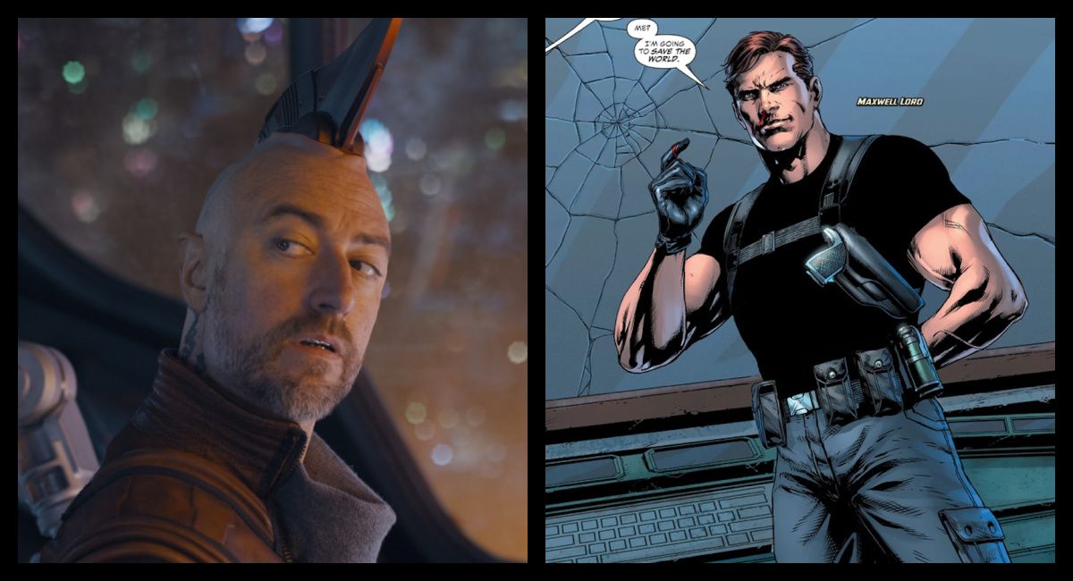 (Left) Sean Gunn as Kraglin in Marvel Studios' 'The Guardians of the Galaxy: Holiday Special,' exclusively on Disney+. Photo by Jessica Miglio. © 2022 Marvel. (Right) DC Comics' Maxwell Lord. Photo: DC Comics.