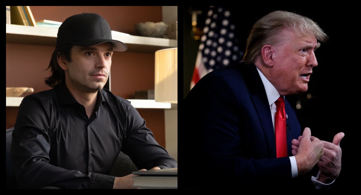 (Left) Sebastian Stan stars in 'Dumb Money.' Photo: Claire Folger. © 2023 CTMG, Inc. All Rights Reserved. (Right) Former President Donald Trump on 'Meet The Press.' Copyright: 2023 NBCUniversal Media, LLC.