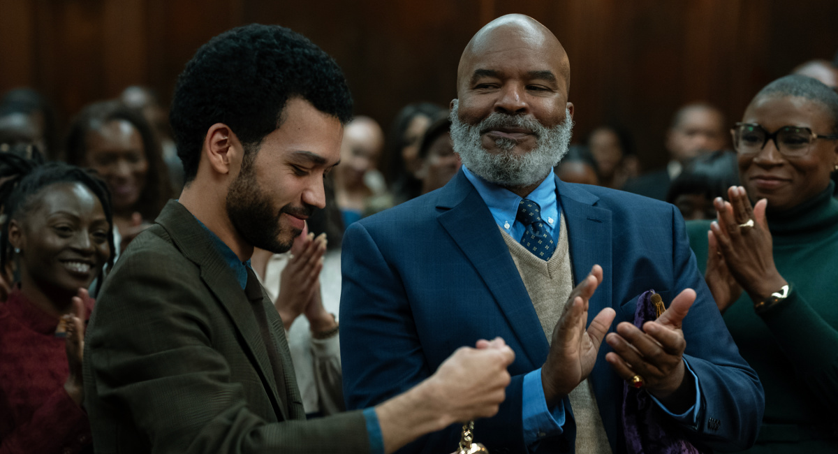 Justice Smith as "Aren", David Alan Grier as "Roger" and Aisha Hinds as "Gabbard" in writer/director Kobi Libii's 'The American Society of Magical Negroes,' a Focus Features release.