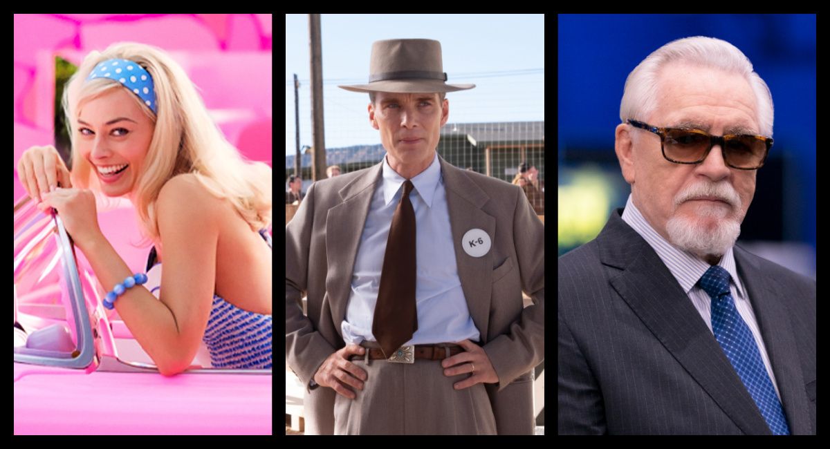(Left) Margot Robbie as Barbie in Warner Bros. Pictures’ 'Barbie,' a Warner Bros. Pictures release. Photo Credit: Jaap Buitendijk. Copyright: © 2022 Warner Bros. Entertainment Inc. All rights reserved. (Center) Cillian Murphy is J. Robert Oppenheimer in 'Oppenheimer,' written, produced, and directed by Christopher Nolan. (Right) Brian Cox in season 4 of HBO's 'Succession.' Photograph by Macall Polay/HBO.