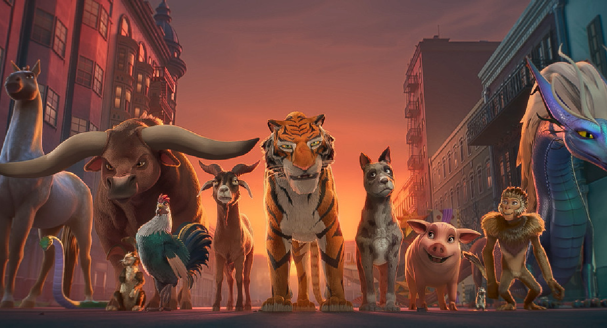 Diana Lee Inosanto as Horse, Poppy Liu as Snake, Greta Lee as Rabbit, Jo Koy as Rooster, Henry Golding as Hu, Patrick Gallagher as Dog, Deborah S. Craig as Pig, Sherry Cola as Naomi and Sandra Oh as Mistral in 'The Tiger’s Apprentice,' streaming on Paramount+, 2024.