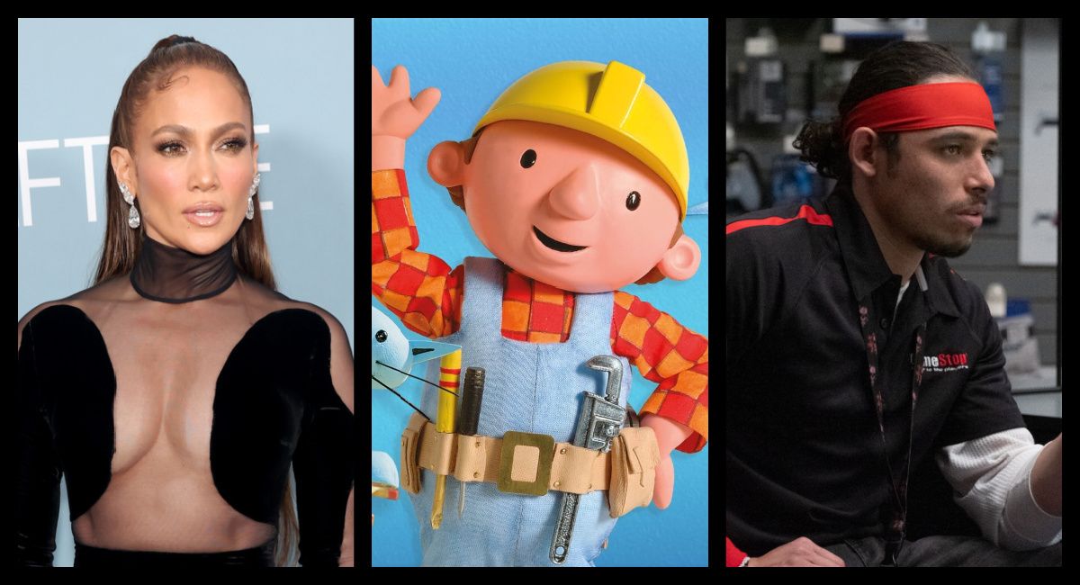 (Left) Jennifer Lopez attends the Tribeca Festival Opening Night & World Premiere of Netflix's 'Halftime' on June 08, 2022 in New York City. Photo: Monica Schipper/Getty Images. (Center) 'Bob the Builder.' Photo: CBeebies. (Right) Anthony Ramos stars in 'Dumb Money.' Photo: Claire Folger. © 2023 CTMG, Inc. All Rights Reserved.