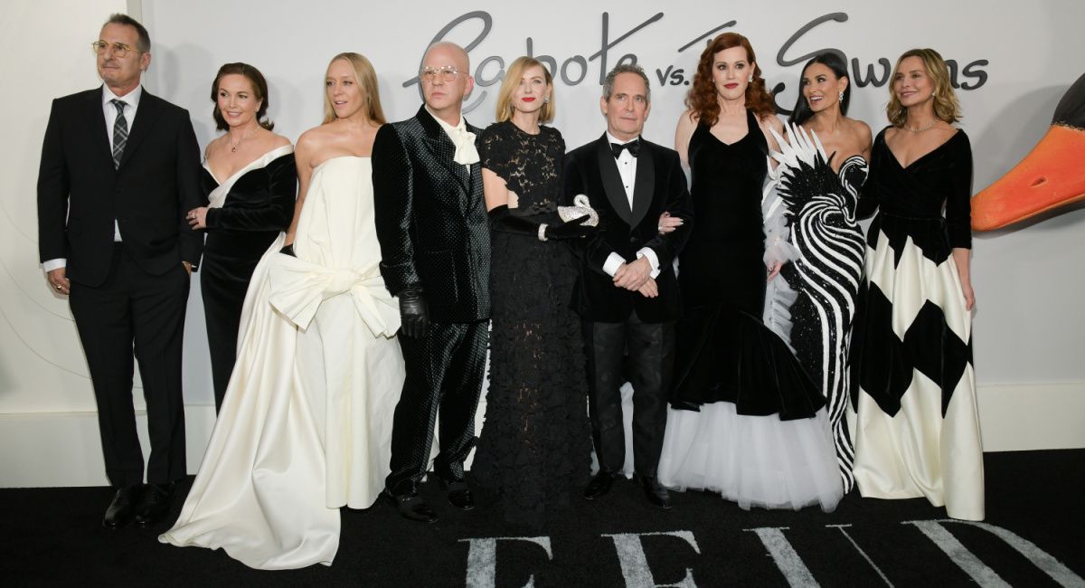 Jon Robin Baitz, Diane Lane, Chloë Sevigny, Ryan Murphy, Naomi Watts, Tom Hollander, Molly Ringwald, Demi Moore, and Calista Flockhart attend the red carpet premiere of FX’s “Feud: Capote vs. The Swans' at MOMA on January 23, 2024 in New York City.