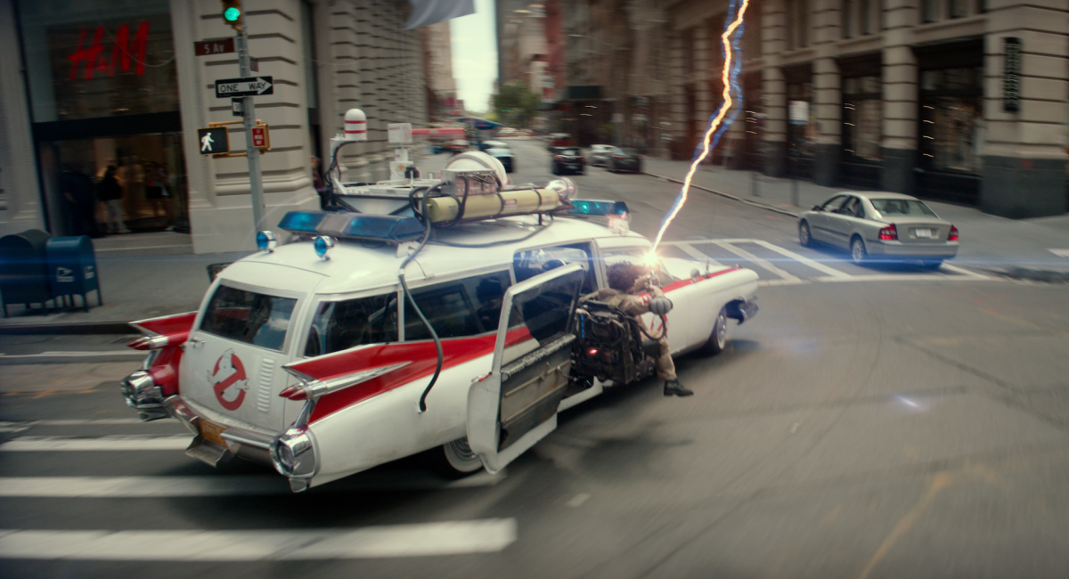 The Ecto-1 cruises through New York City in Columbia Pictures' 'Ghostbusters: Frozen Empire.'