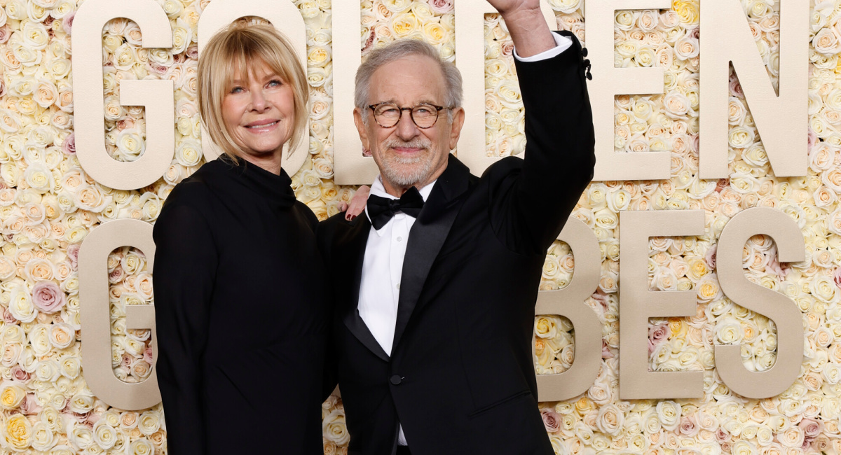 Kate Capshaw and Steven Spielberg arrive on the red carpet at the 81st Annual Golden Globe Awards, airing live from the Beverly Hilton in Beverly Hills, California on Sunday, January 7, 2024, at 8 PM ET/5 PM PT, on CBS and streaming on Paramount+.