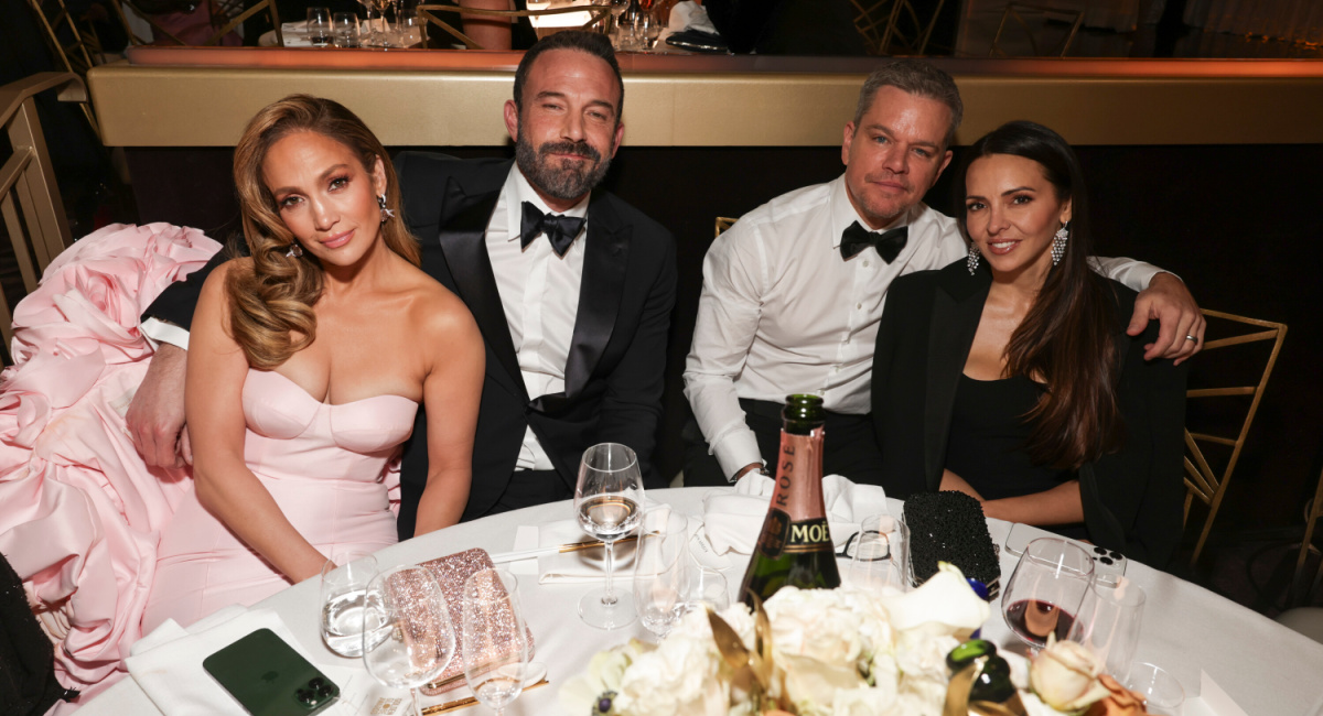Jennifer Lopez, Ben Affleck, Matt Damon and Luciana Barroso at the 81st Annual Golden Globe Awards, airing live from the Beverly Hilton in Beverly Hills, California on Sunday, January 7, 2024, at 8 PM ET/5 PM PT, on CBS and streaming on Paramount+.