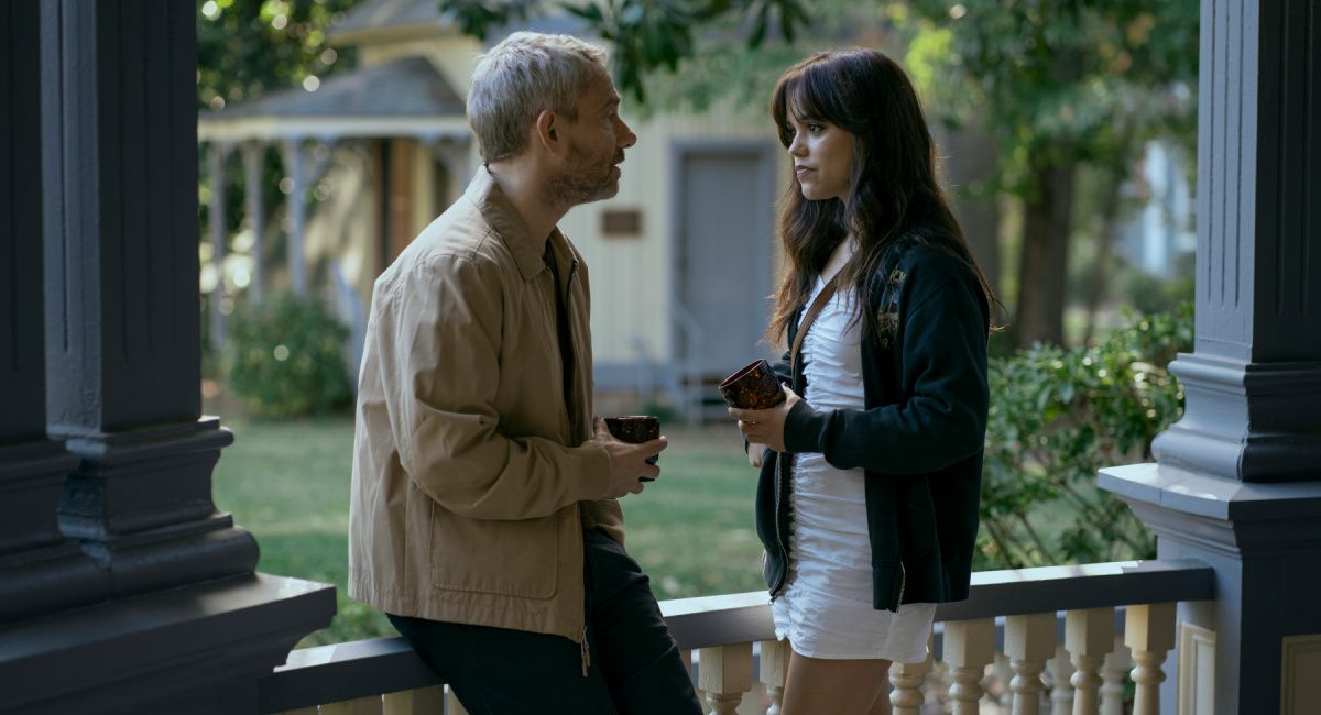 Martin Freeman as Jonathan Miller and Jenna Ortega as Cairo Sweet in the Psychological Thriller film, 'Miller's Girl,' a Lionsgate release.