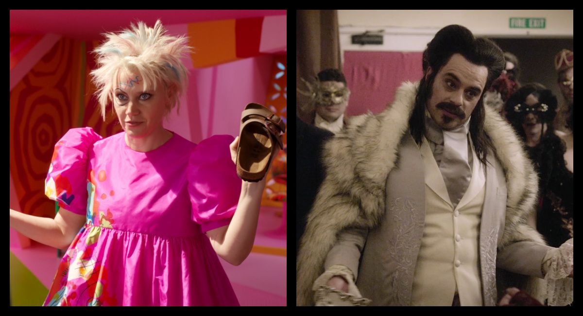 (Left) Kate McKinnon as Barbie in Warner Bros. Pictures’ 'Barbie,' a Warner Bros. Pictures release. Photo Credit: Courtesy of Warner Bros. Pictures. Copyright: © 2023 Warner Bros. Entertainment Inc. All Rights Reserved. (Right) Jemaine Clement as Vladislav the Poker in 'What We Do in the Shadows.' Photo: Madman Entertainment.