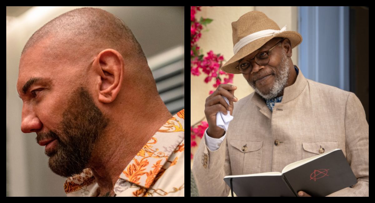 (Left) (L to R) Dave Bautista as Duke Cody in 'Glass Onion: A Knives Out Mystery.' Photo: Courtesy of John Wilson/Netflix © 2022. (Right) Samuel L. Jackson in 'Argylle,' directed by Matthew Vaughn.