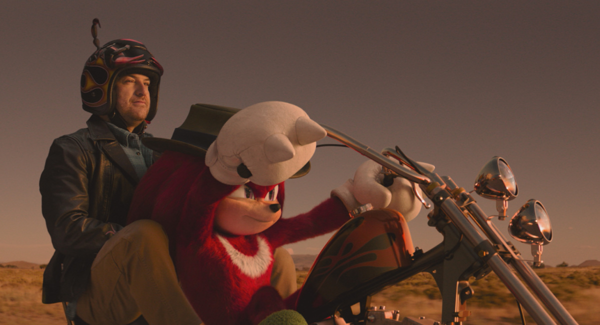 (L to R) Adam Pally as Wade Whipple and Knuckles (voiced by Idris Elba) in 'Knuckles' streaming on Paramount+, 2024.