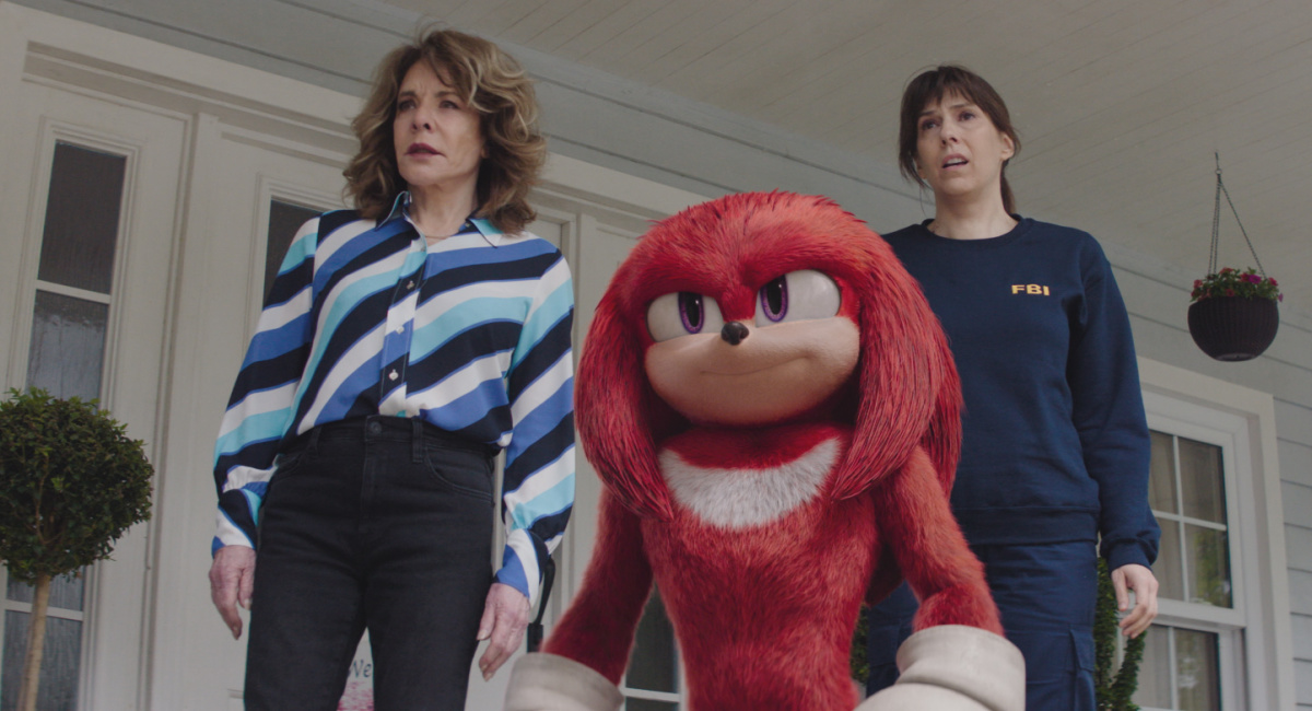 (L to R) Stockard Channing as Wendy Whipple, 'Knuckles' (voiced by Idris Elba) and Edi Patterson as Wanda Whipple in Knuckles streaming on Paramount+, 2024.