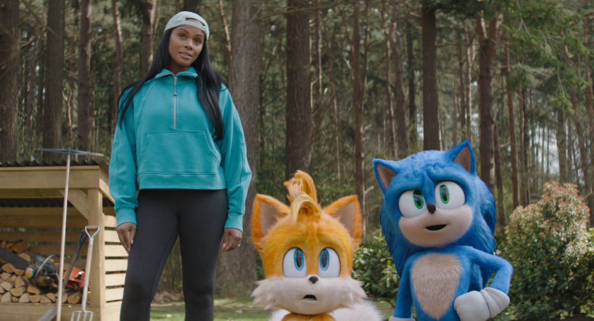Tika Sumpter as Maddie, Tails (voiced by Colleen O’Shaughnessey) and Sonic (voiced by Ben Schwartz) in 'Knuckles,' streaming on Paramount+, 2024.