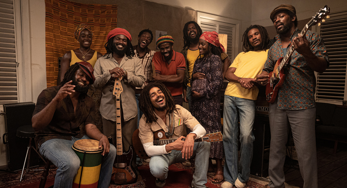 Stefan Wade as “Seeco Patterson”, Lashana Lynch as “Rita Marley”, Aston Barrett Jr. as “Family Man Barrett”, Tosin Cole as “Tyrone Downie”, Kingsley Ben-Adir as “Bob Marley”, Hector ‘Roots’ Lewis as “Carly Barrett”, “Antonio 'Gillie' Gilbert”, Anna-Sharé Blake as “Judy Mowatt”, Sheldon Shepherd as “Neville Garrick” and Andrae Simpson as "Don Kinsey" in 'Bob Marley: One Love' from Paramount Pictures.