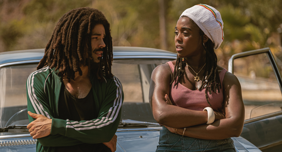 Kingsley Ben-Adir as â€œBob Marleyâ€ and Lashana Lynch as â€œRita Marleyâ€ in 'Bob Marley: One Love' from Paramount Pictures.