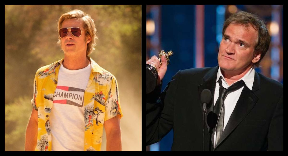 (Left) Brad Pitt as Cliff Booth in 'Once Upon a Time in Hollywood.' Photo: Sony Pictures. (Right) Quentin Tarantino accepts the Oscar® for original screenplay for “Django Unchained” during the live ABC Telecast of The Oscars® from the Dolby® Theatre, in Hollywood, CA, Sunday, February 24, 2013.