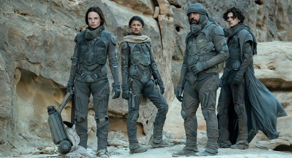 Rebecca Ferguson, Zendaya, Javier Bardem and Timothée Chalamet in 'Dune.'