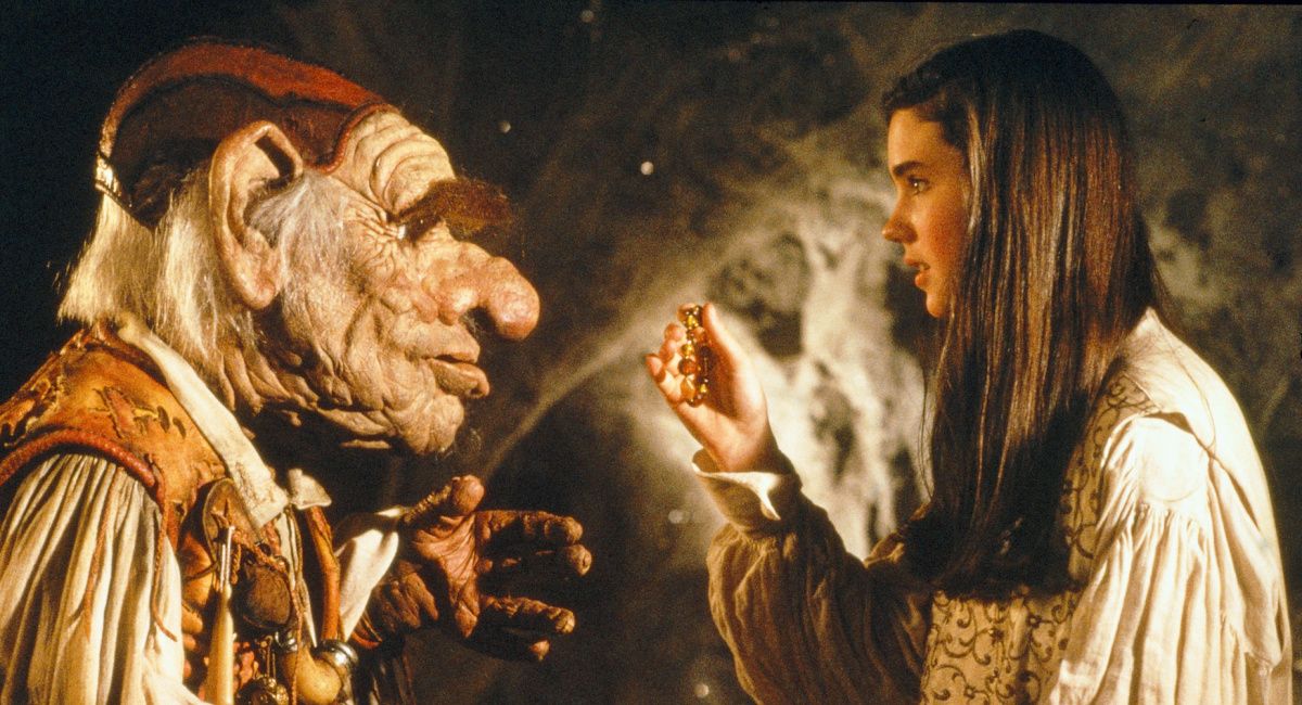 Brian Henson as Hoggle and Jennifer Connelly as Sarah in 'Labyrinth.'