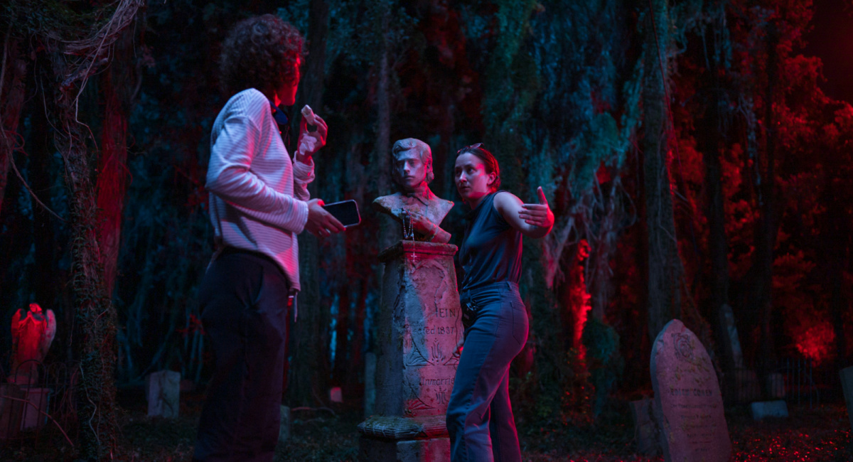 Cinematographer Paula Huidobro and director Zelda Williams on the set of their film 'Lisa Frankenstein,' a Focus Features release.