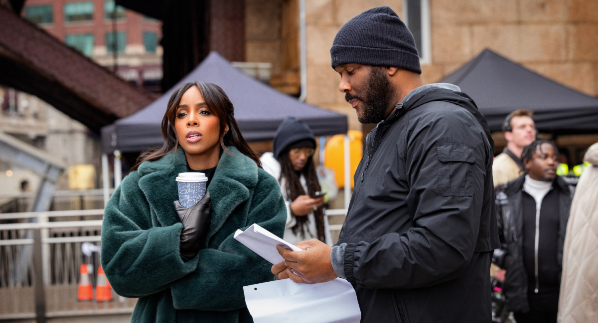 Kelly Rowland and Writer/Director/Producer Tyler Perry on set of 'Mea Culpa.'