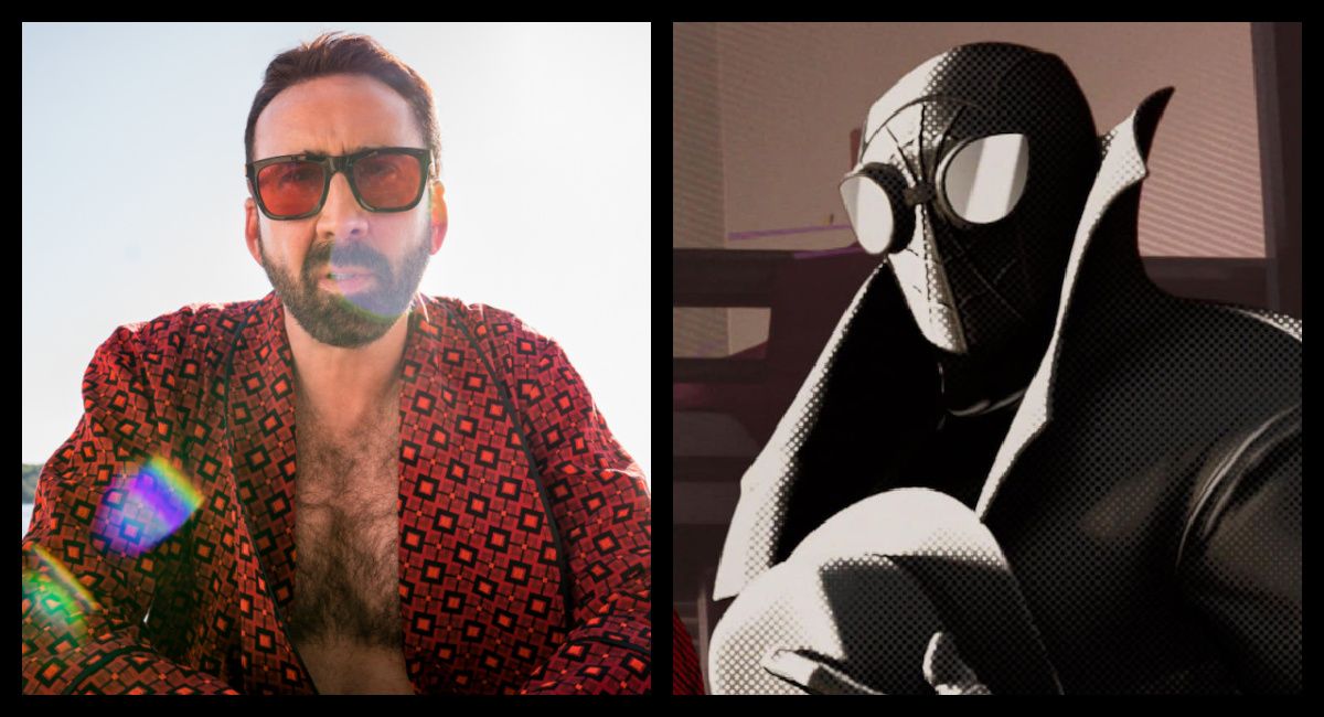(Left) Nicolas Cage ("Nick Cage") contemplates his career while poolside in Mallorca, Spain in 'The Unbearable Weight of Massive Talent.' Photo credit: Katalin Vermes/Lionsgate. (Right) Nicolas Cage as Peter Parker / Spider-Man Noir in 'Spider-Man: Into the Spider-Verse.' Photo: Sony Pictures.