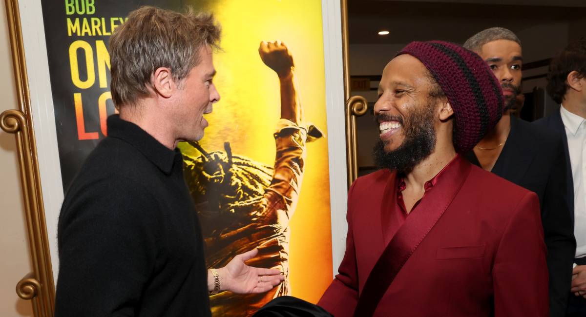 Brad Pitt and Ziggy Marley attend the Los Angeles Premiere of "Bob Marley: One Love" at the Regency Village Theatre in Los Angeles, CA on Tuesday, February 6th, 2024.