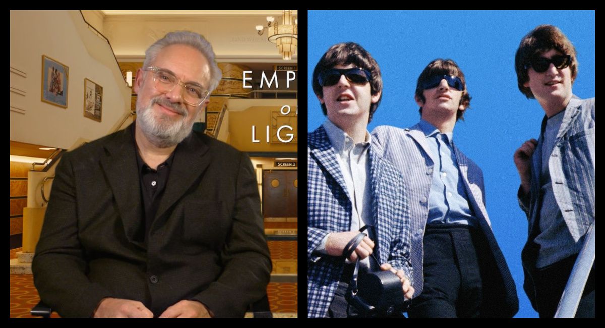 (Left) Director Sam Mendes from 'Empire of the Light.' (Right) George Harrison, Paul McCartney, Ringo Starr and John Lennon in 'The Beatles: Eight Days a Week - The Touring Years.'