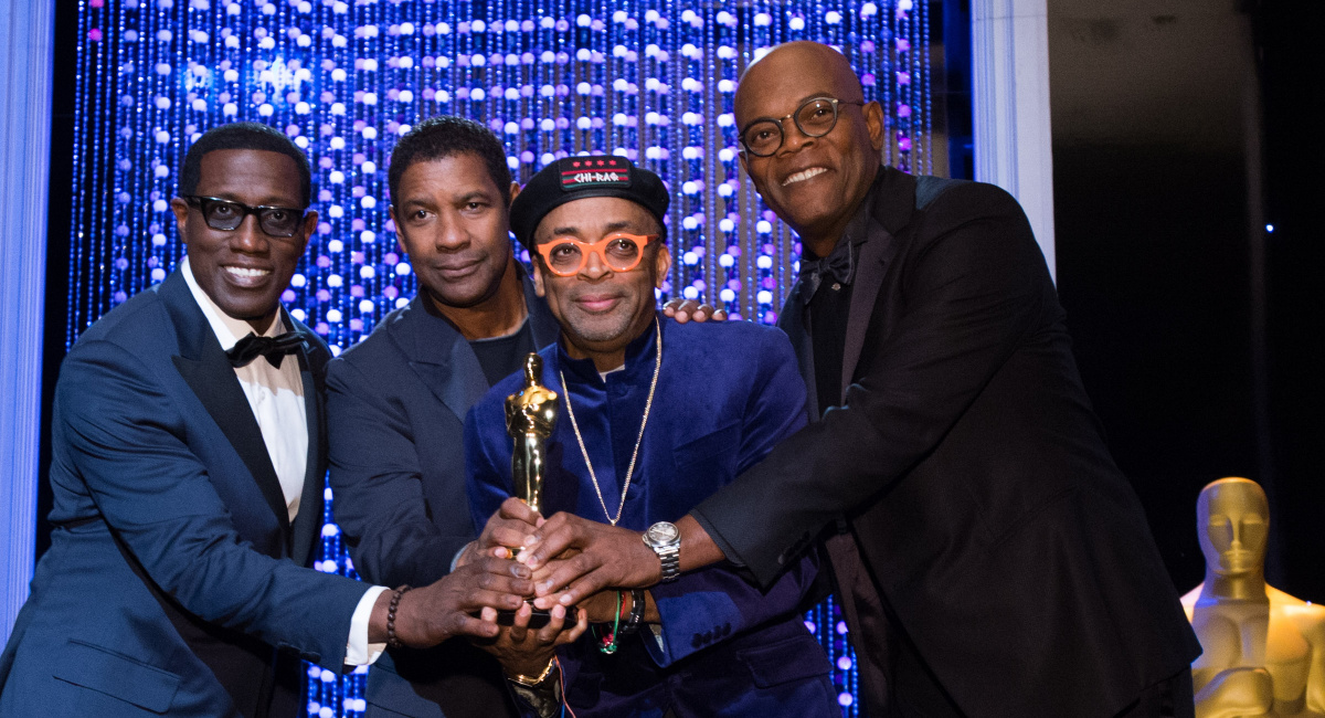 Actor Wesley Snipes, Oscar®-nominated actor Samuel Jackson and Oscar-winning actor Denzel Washington and present the Oscar to Honorary Award recipient Spike Lee at the 2015 Governors Awards in The Ray Dolby Ballroom at Hollywood & Highland Center® in Hollywood, CA, on Saturday, November 14, 2015.