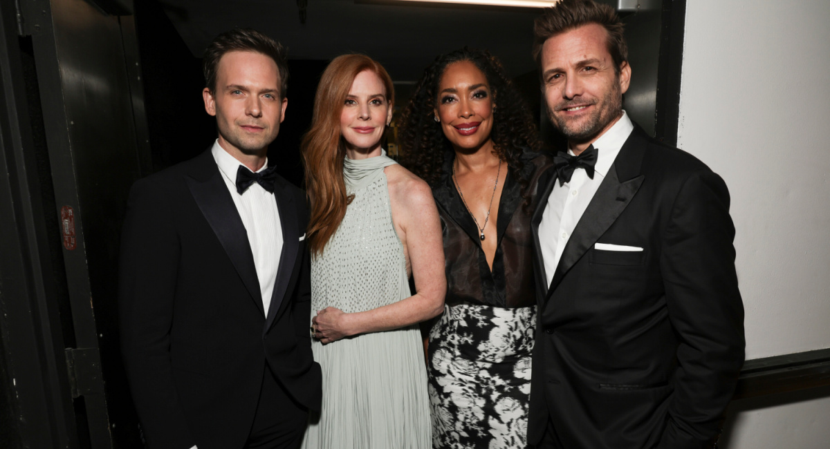 Suits Cast Patrick J. Adams, Sarah Rafferty, Gina Torres and Gabriel Macht at the 81st Annual Golden Globe Awards, airing live from the Beverly Hilton in Beverly Hills, California on Sunday, January 7, 2024, at 8 PM ET/5 PM PT, on CBS and streaming on Paramount+.
