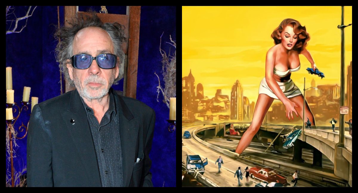 (Left) Tim Burton attends the world premiere of Netflix's 'Wednesday' on November 16, 2022 in Los Angeles, California. Photo by Jerod Harris/Getty Images for Netflix. (Right) 1958's 'Attack of the 50 Foot Woman.' Photo: Allied Artists Pictures Corporation.