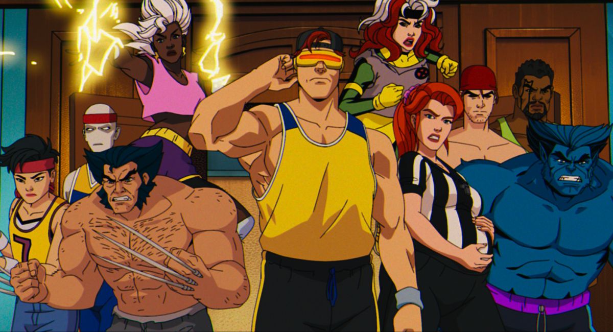 Jubilee (voiced by Holly Chou), Morph (voiced by JP Karliak), Wolverine (voiced by Cal Dodd), Storm (voiced by Alison Sealy-Smith), Cyclops (voiced by Ray Chase), Rogue (voiced by Lenore Zann), Jean Grey (voiced by Jennifer Hale), Gambit (voiced by AJ LaCascio), Bishop (voiced by Isaac Robinson-Smith), and Beast (voiced by George Buza) in Marvel Animation's 'X-Men '97.'