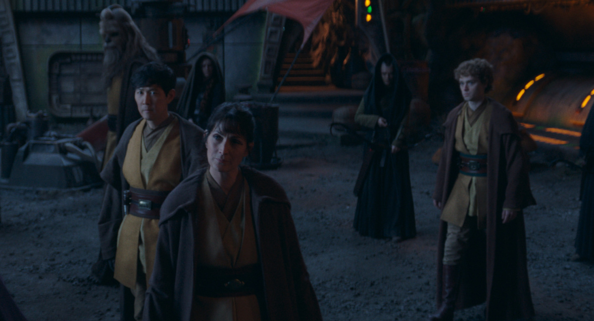 (Clockwise from center) Jedi Master Indara (Carrie-Anne Moss), Master Sol (Lee Jung-jae), Jedi Master Kelnacca (Joonas Suotamo) and (second from right) Master Torbin (Dean Charles Chapman) in Lucasfilm's 'The Acolyte,' exclusively on Disney+.