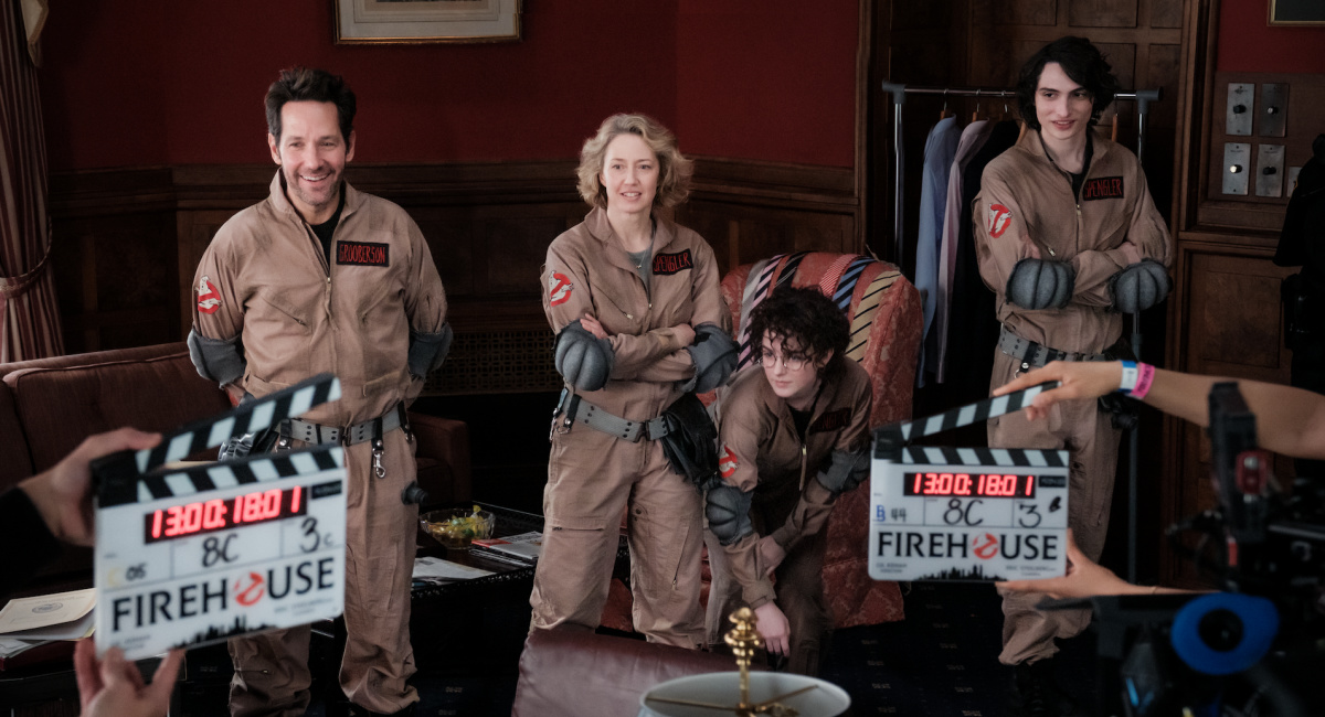 (L to R) Paul Rudd, Carrie Coon, Mckenna Grace and Finn Wolfhard on the set of Columbia Pictures’ 'Ghostbusters: Frozen Empire.'