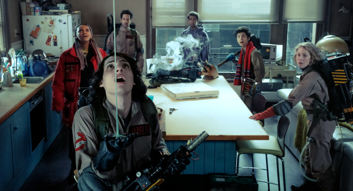 Trevor (Finn Wolfhard), Lucky (Celeste O’Connor), Gary (Paul Rudd), Nadeem (Kamail Nanjiani), Podcast (Logan Kim) and Callie (Carrie Coon) in Columbia Pictures’ 'Ghostbusters: Frozen Empire.'