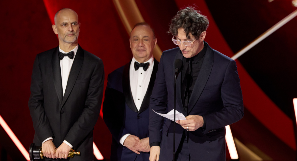 (L to R) James Wilson, Leonard Blavatnik and Jonathan Glazer accept the Oscar® for International Feature Film during the live ABC telecast of the 96th Oscars® at the Dolby® Theatre at Ovation Hollywood on Sunday, March 10, 2024. Credit/Provider: Trae Patton ©A.M.P.A.S. Copyright: ©A.M.P.A.S.